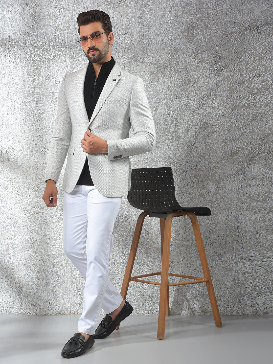 Grey Notched Lapel Single-Breasted Blazer