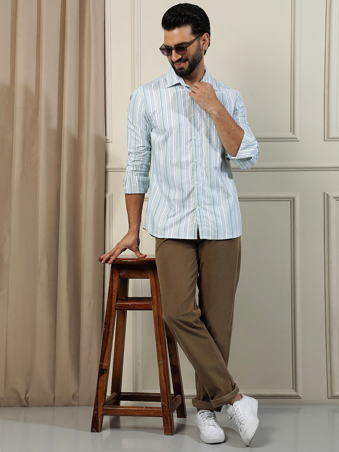 Green Vertical Stripes 100% Cotton Shirt
