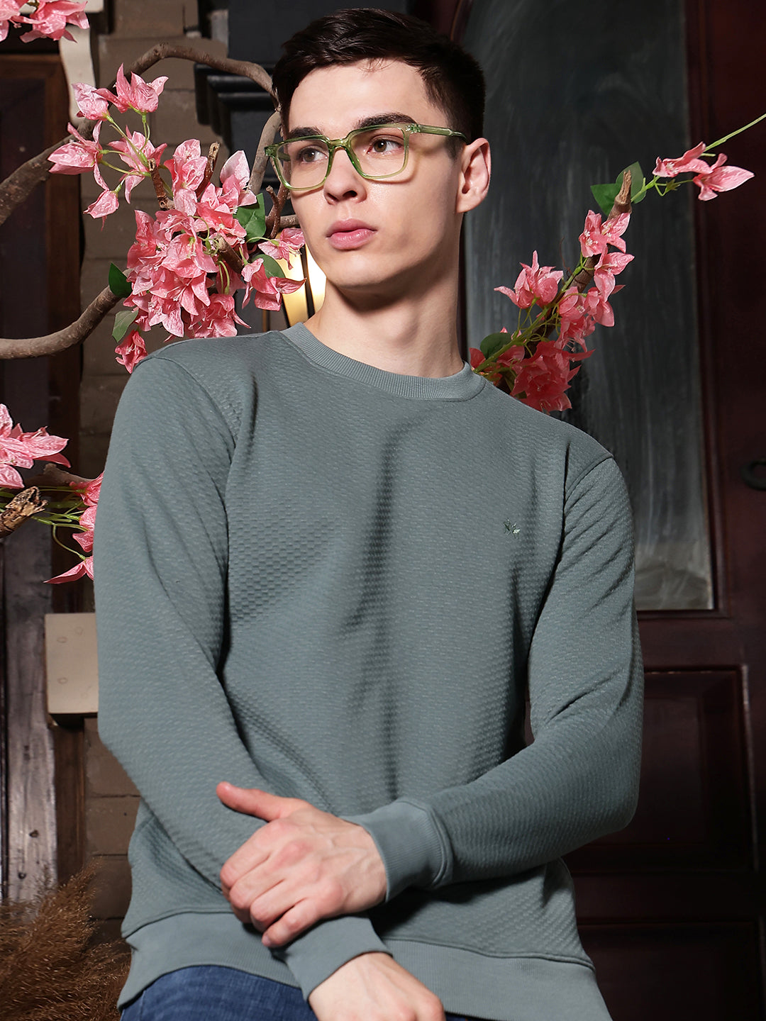 Relaxed Moss Green Jacquard Sweatshirt