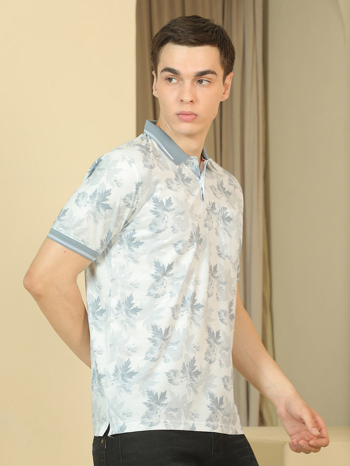 Blue Floral Print Polo Neck T-Shirt