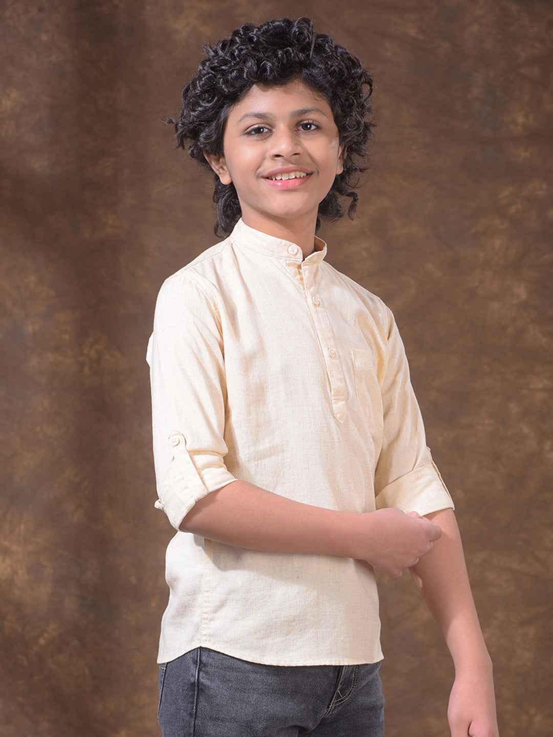 Cream Textured Linen Kurta