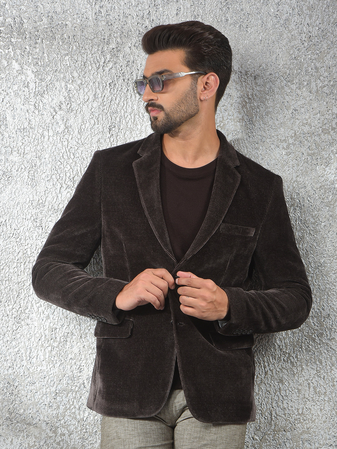 Wine Notched Lapel Knitted Single-Breasted Blazer