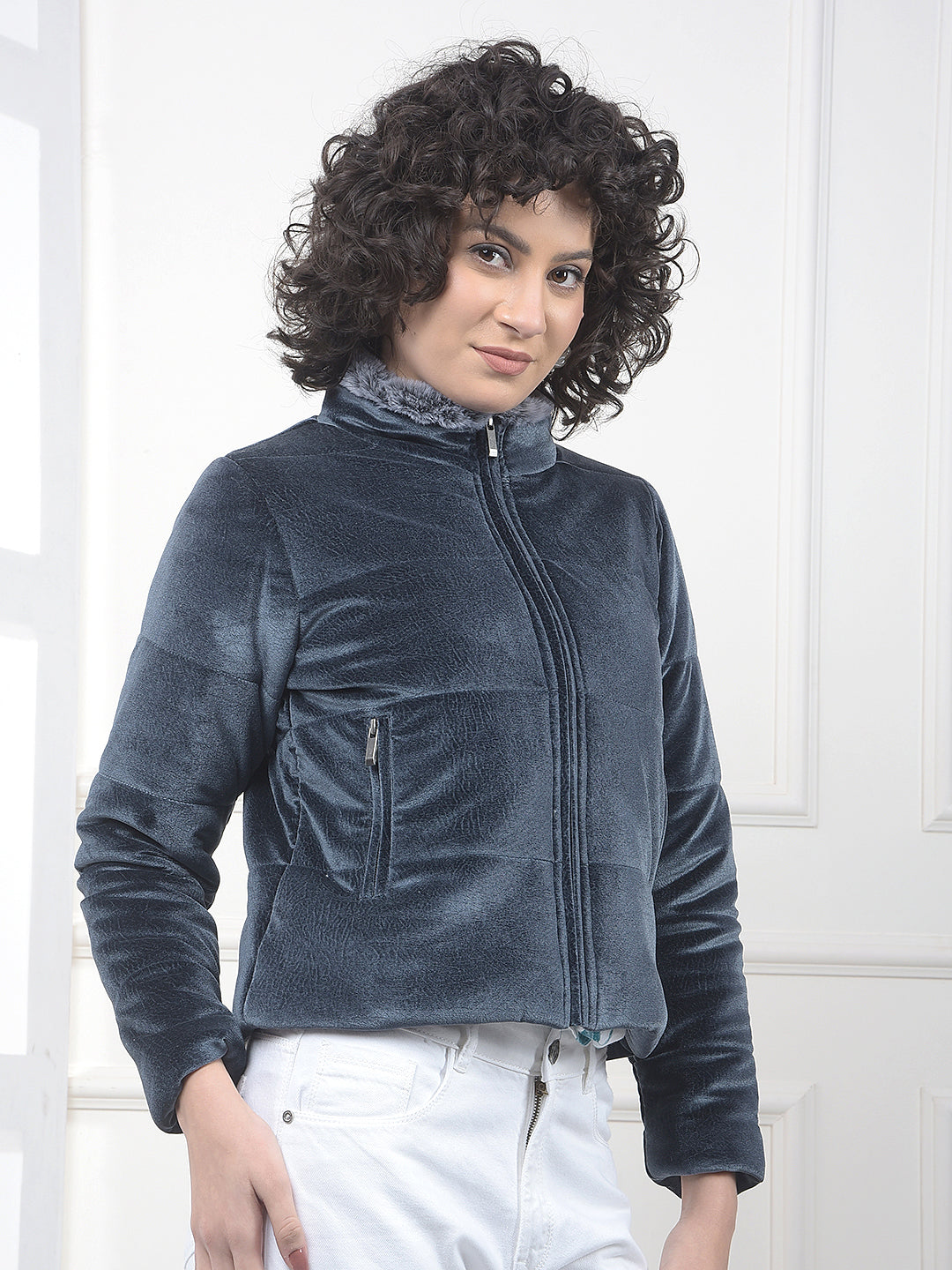 Blue High Neck Cropped Jacket