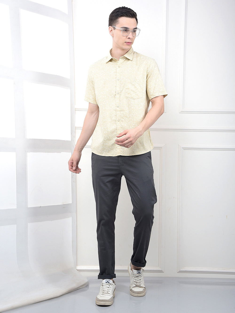 Yellow Floral Print Shirt-Men Shirts-Crimsoune Club