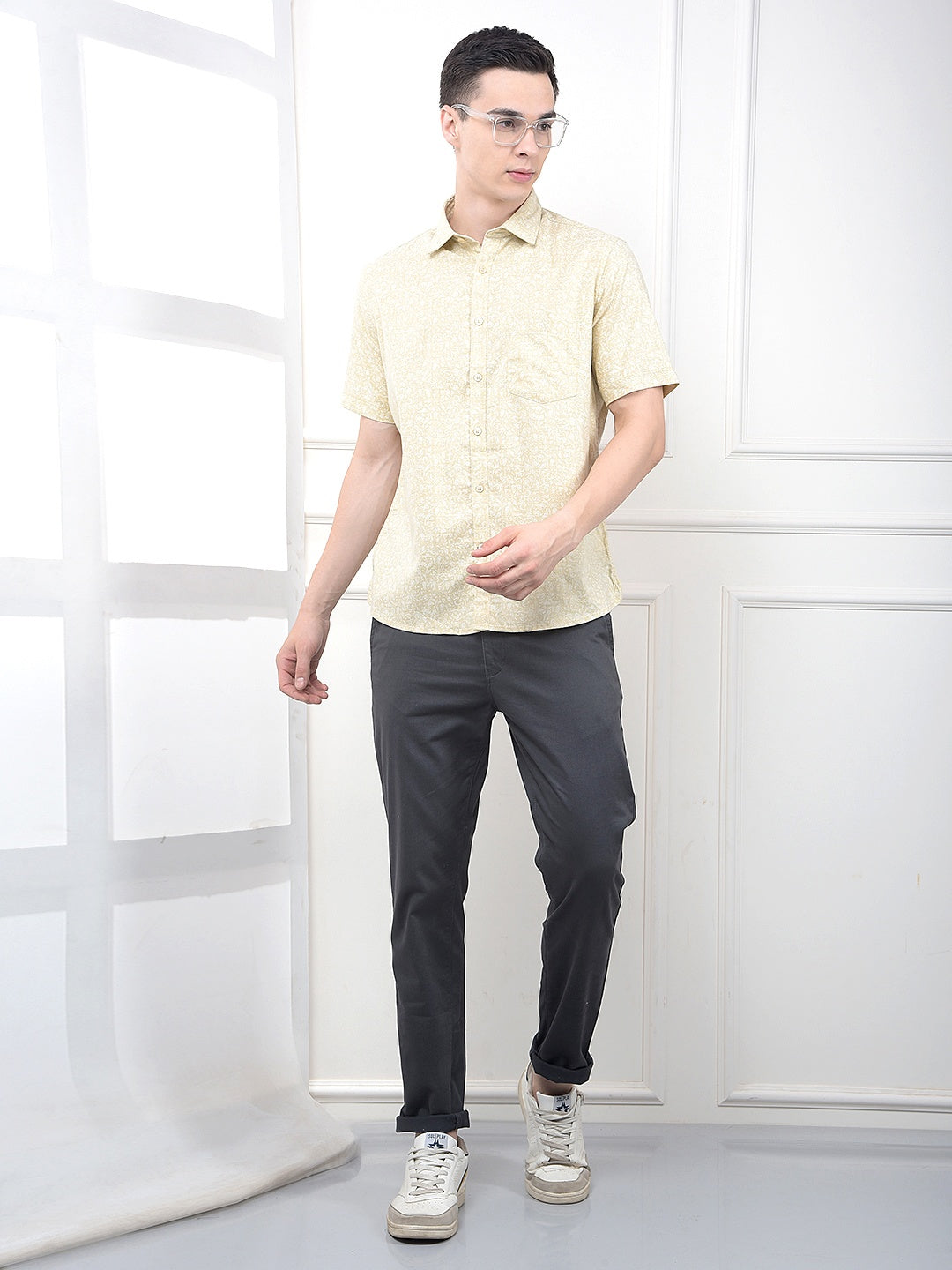 Yellow Floral Print Shirt-Men Shirts-Crimsoune Club