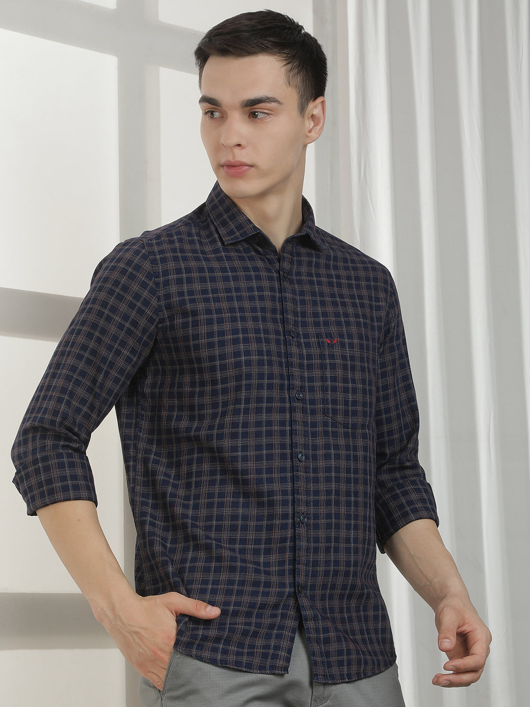Navy Blue Checked 100% cotton Shirt