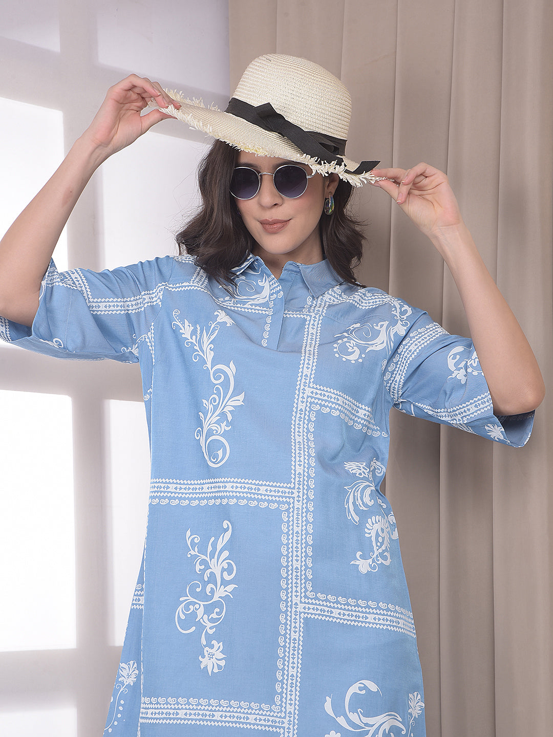Blue Botanical Print Mini Shirt-Dress