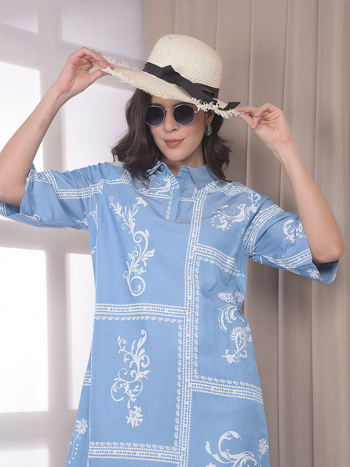 Blue Botanical Print Mini Shirt-Dress