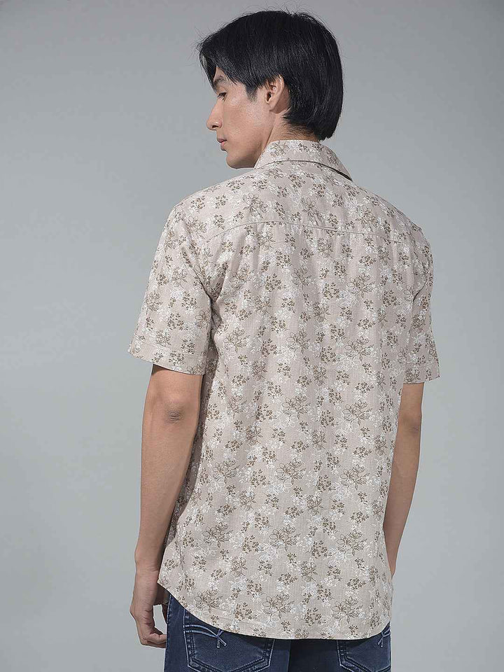Beige Floral Print Linen Shirt