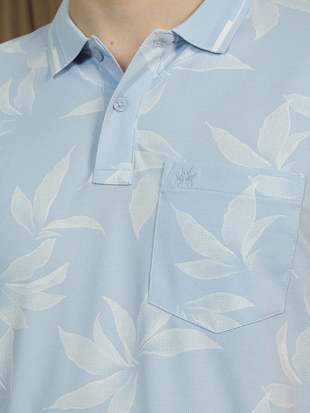 Blue Floral Print Polo Neck T-Shirt