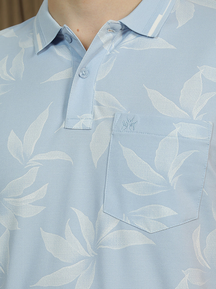 Blue Floral Print Polo Neck T-Shirt