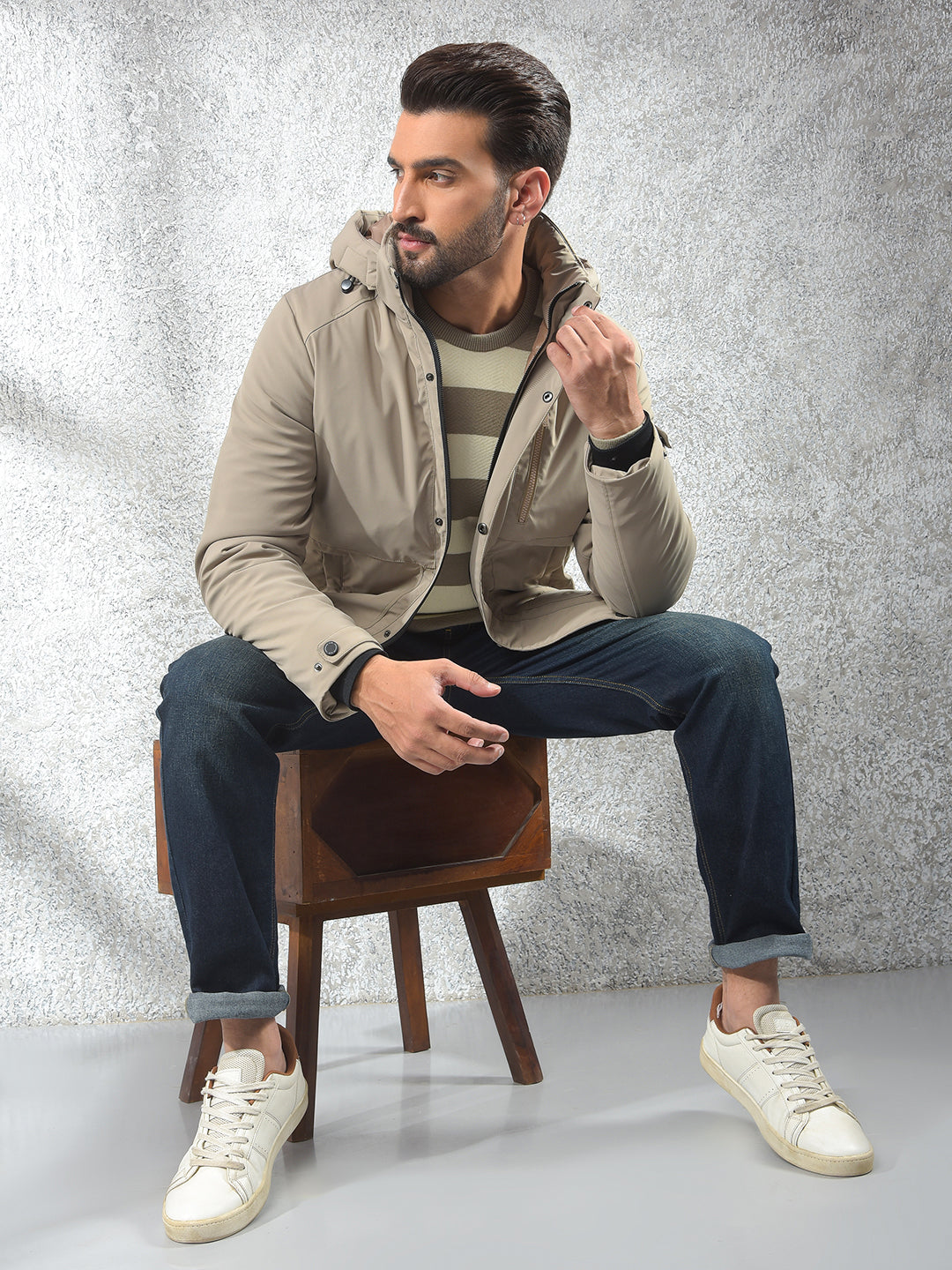 Beige Hooded Neck Puffer Jacket