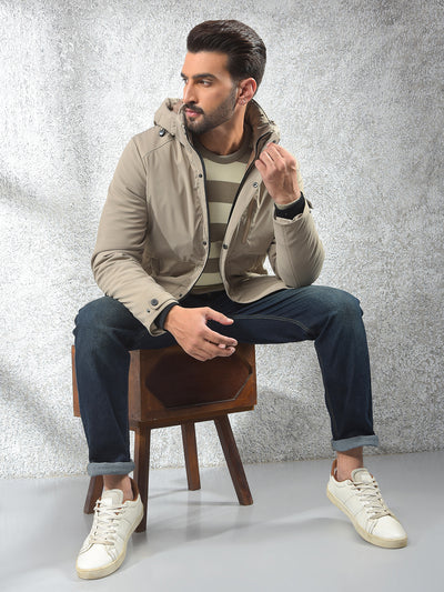 Beige Hooded Neck Puffer Jacket