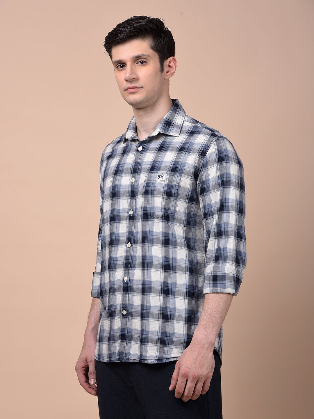 Navy Blue Checked 100% Cotton Shirt