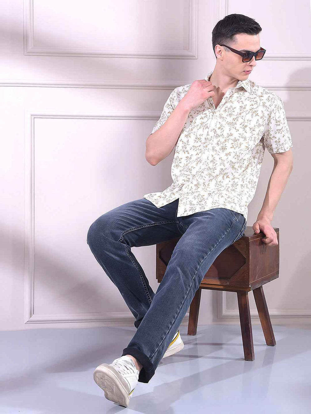 Brown Linen Floral Print Shirt