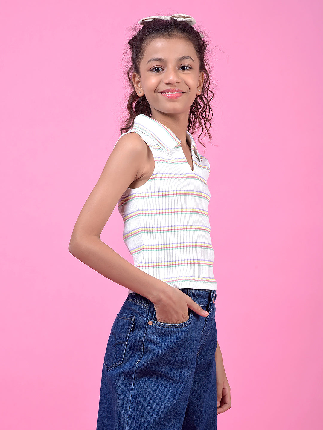 White Horizontal Stripes V-Neck Sleeveless Cropped T-Shirt