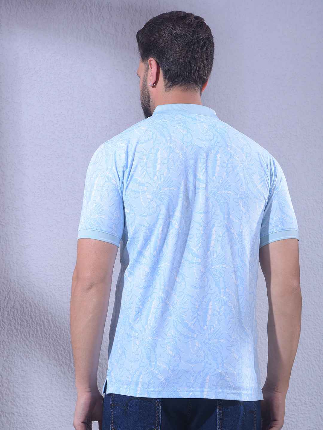 Blue Floral Print Polo Neck T-Shirt