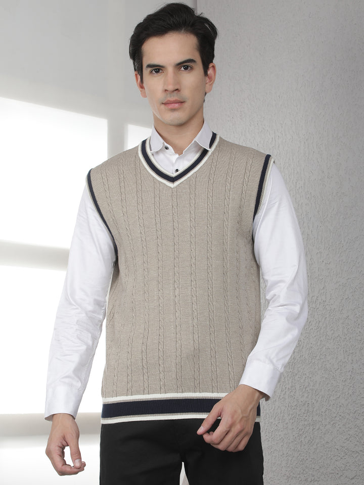 Beige Jacquard V-Neck Sleeveless Sweater