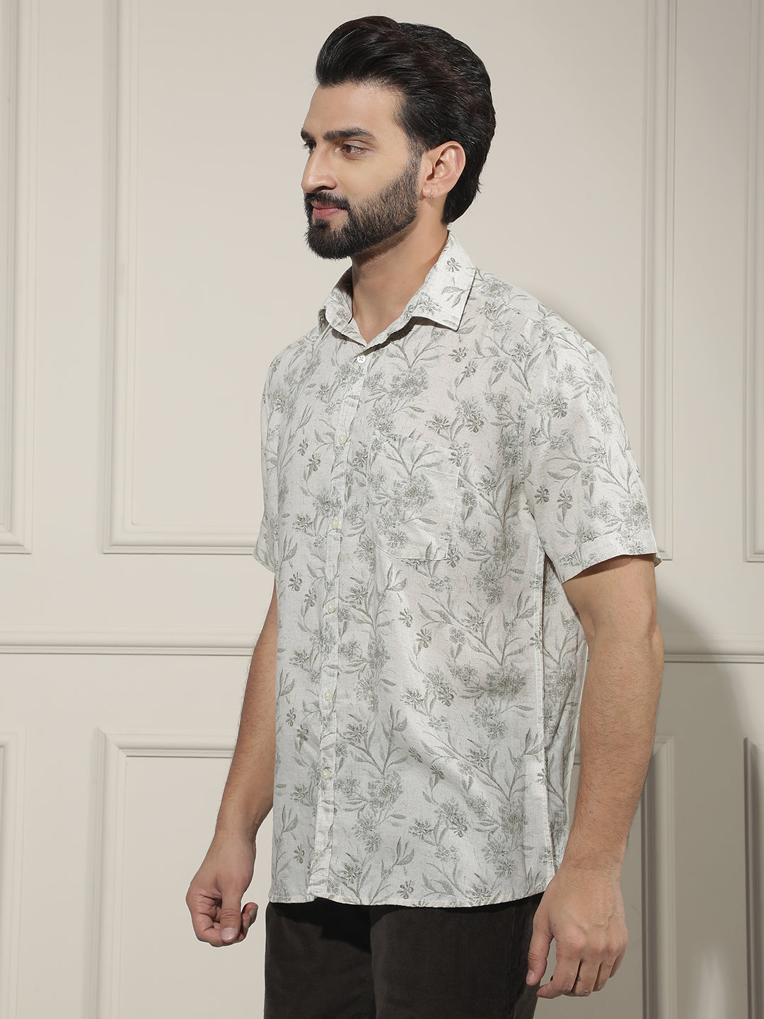 Green Floral Print Linen Shirt