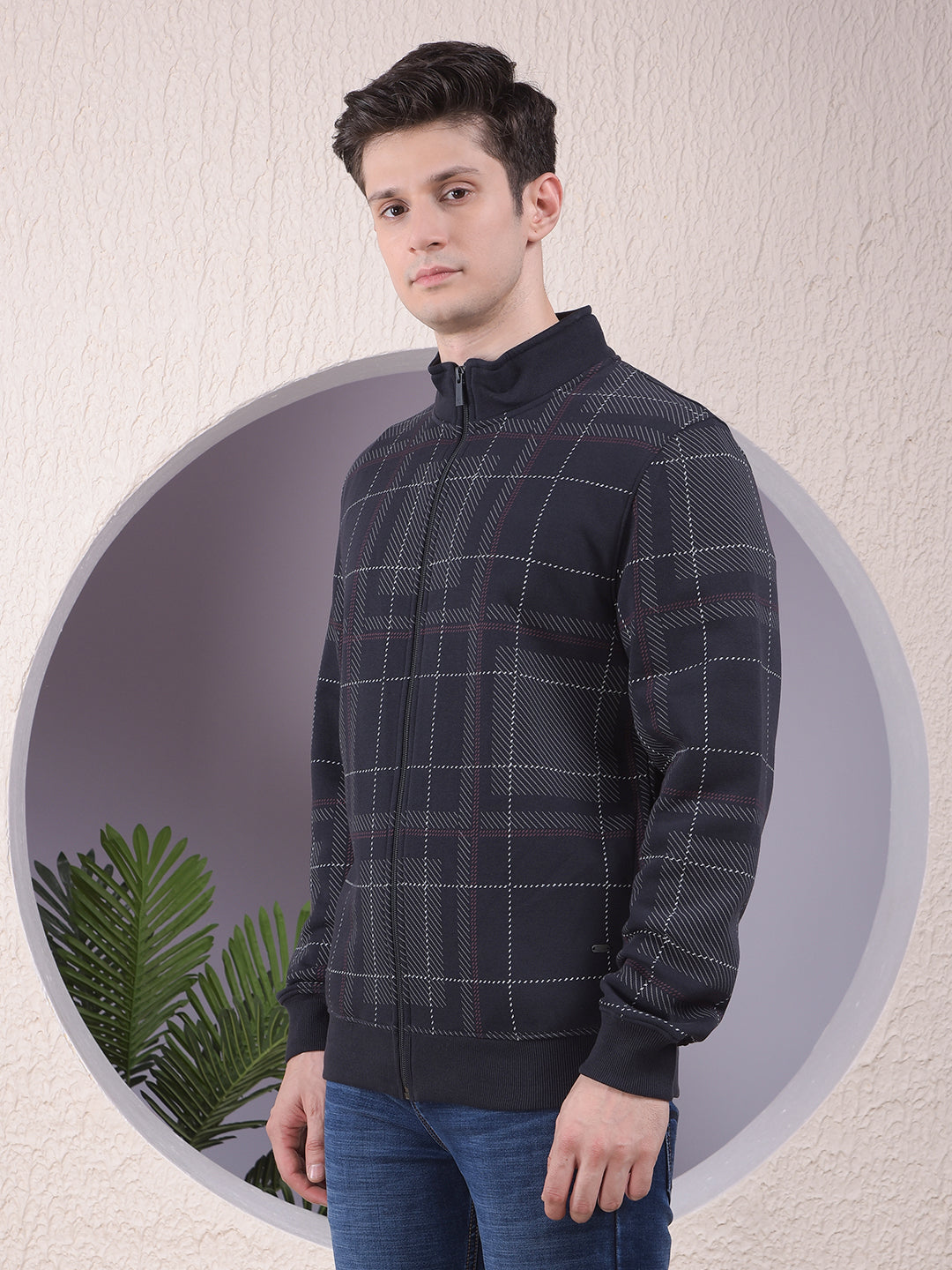 Sleek Navy Blue Checked Sweatshirt