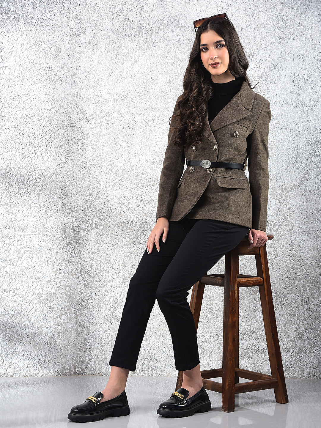 Brown Notched Lapel Double-Breasted Coat With Belt