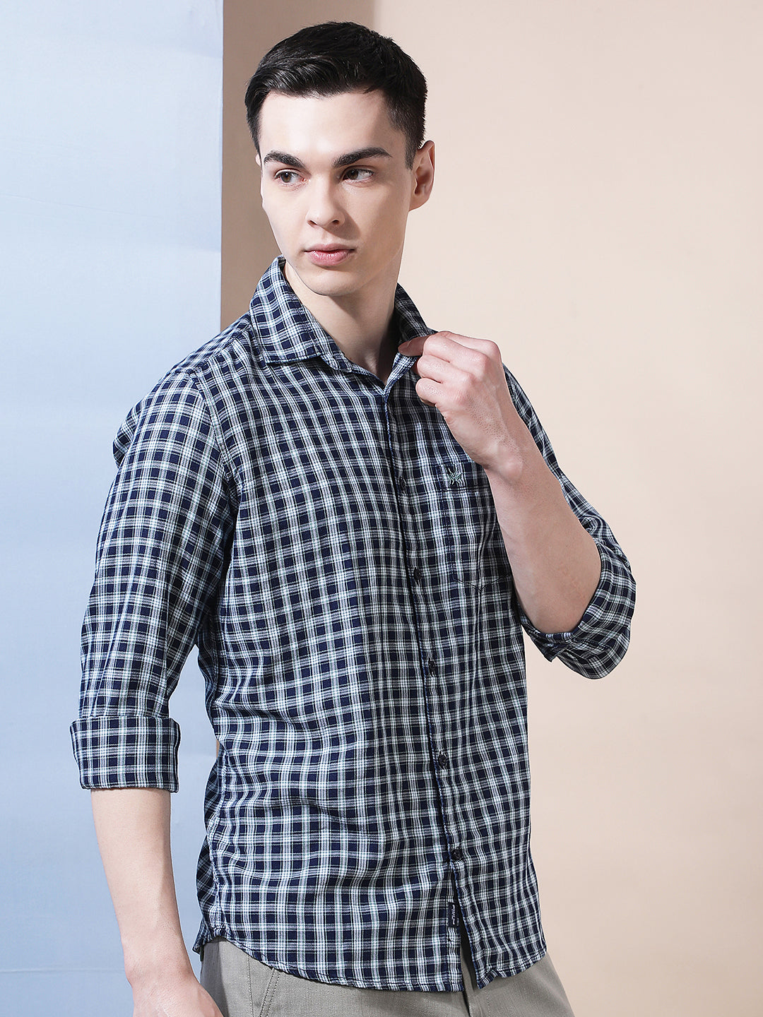 Navy Blue 100% Cotton Checked Shirt