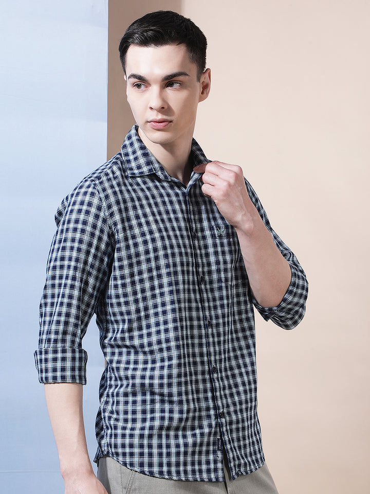 Navy Blue 100% Cotton Checked Shirt