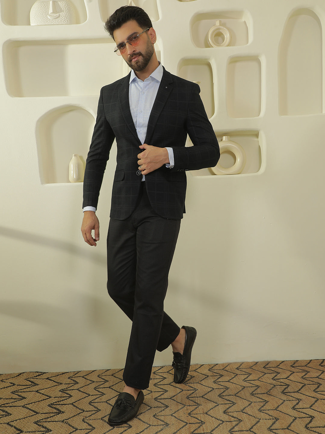 Black Checked Notch Lapel Blazer