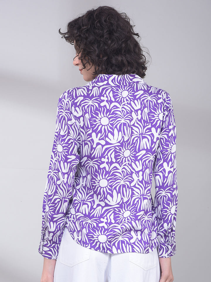 Purple Floral Print Resort-Collar Shirt
