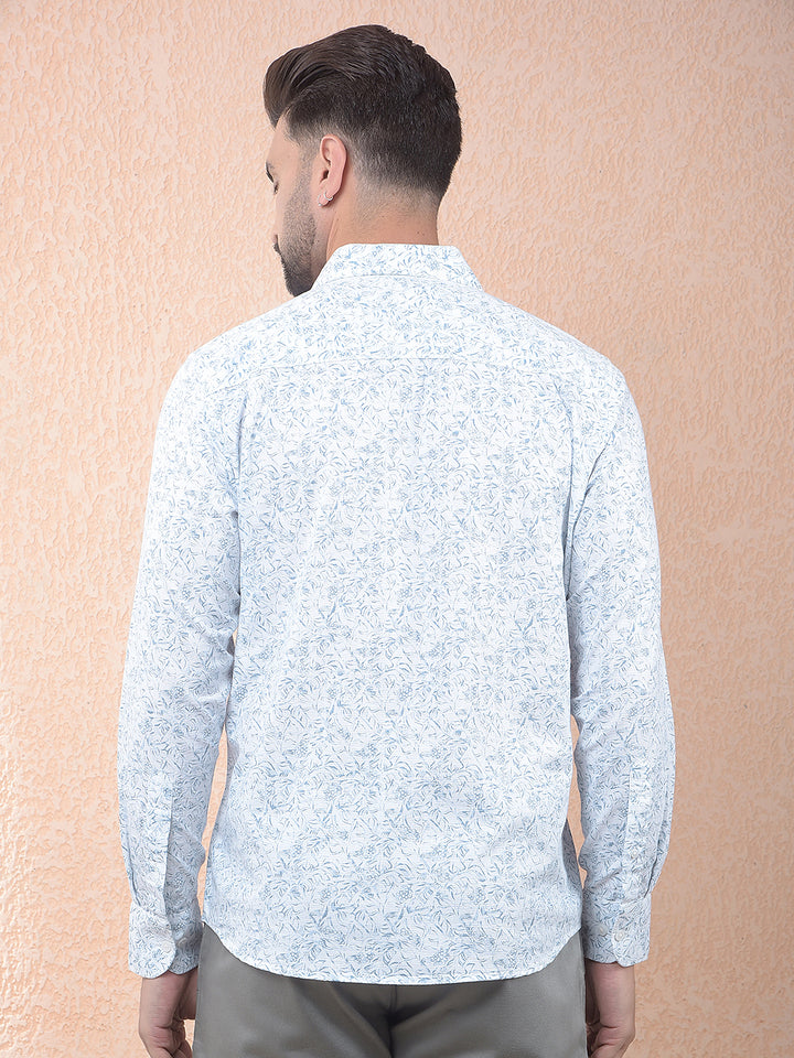 Blue Floral Print Linen Shirt