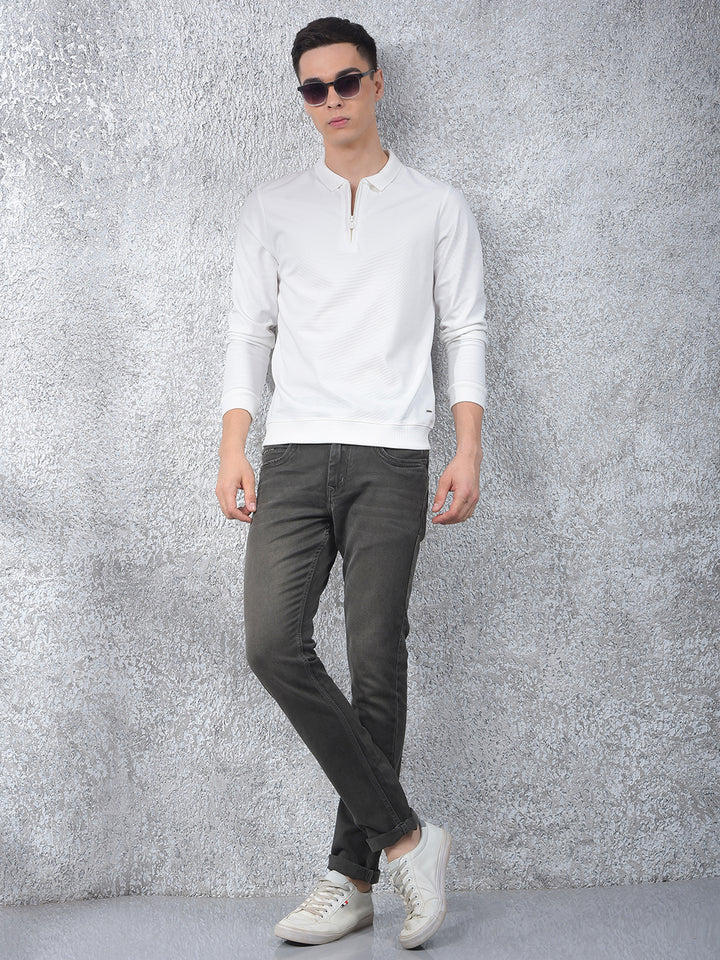 White Jacquard Polo Neck Knitted Sweatshirt