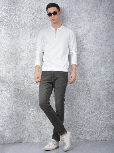 White Jacquard Polo Neck Knitted Sweatshirt