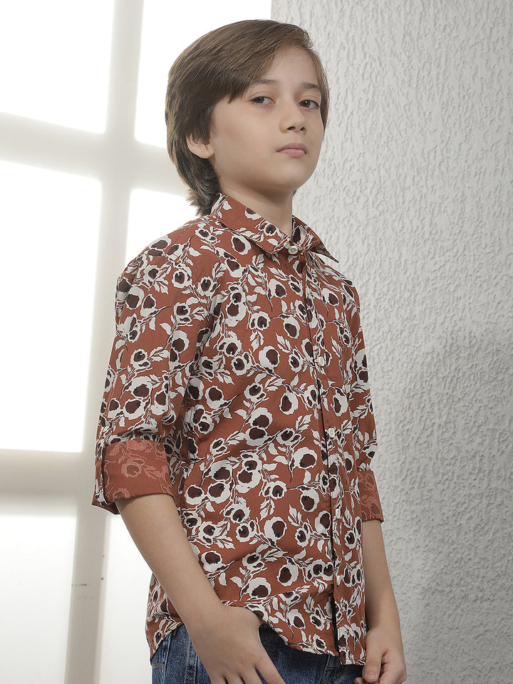 Brown Floral Print 100% Cotton Shirt