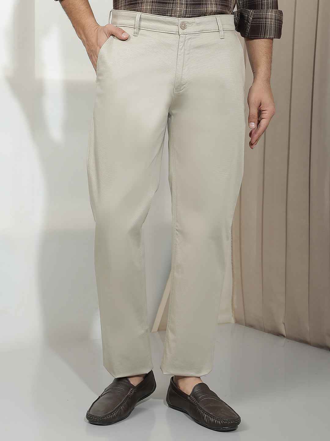 Khaki Dobby Straight Trousers