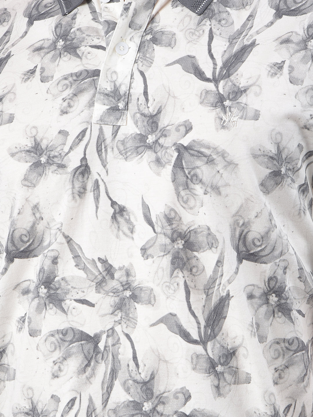 Grey Floral Print Polo Neck T-Shirt