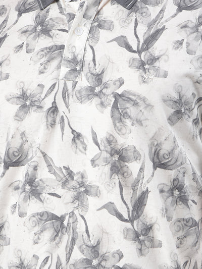 Grey Floral Print Polo Neck T-Shirt
