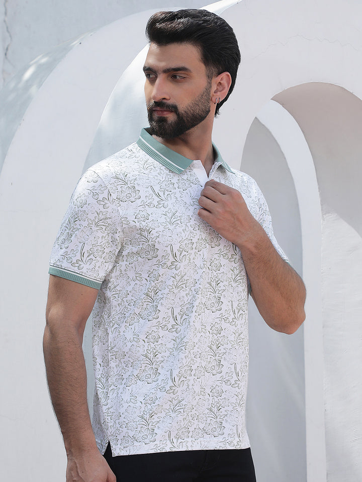 Green Floral Print Polo Neck T-Shirt