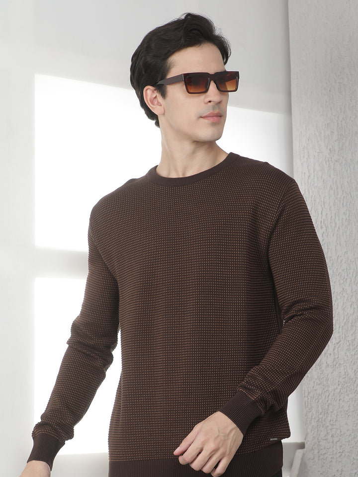 Brown 100% Cotton Textured Round Neck Sweater