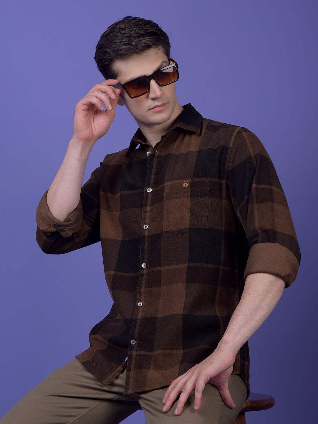 Brown Checked 100% Cotton Corduroy Shirt