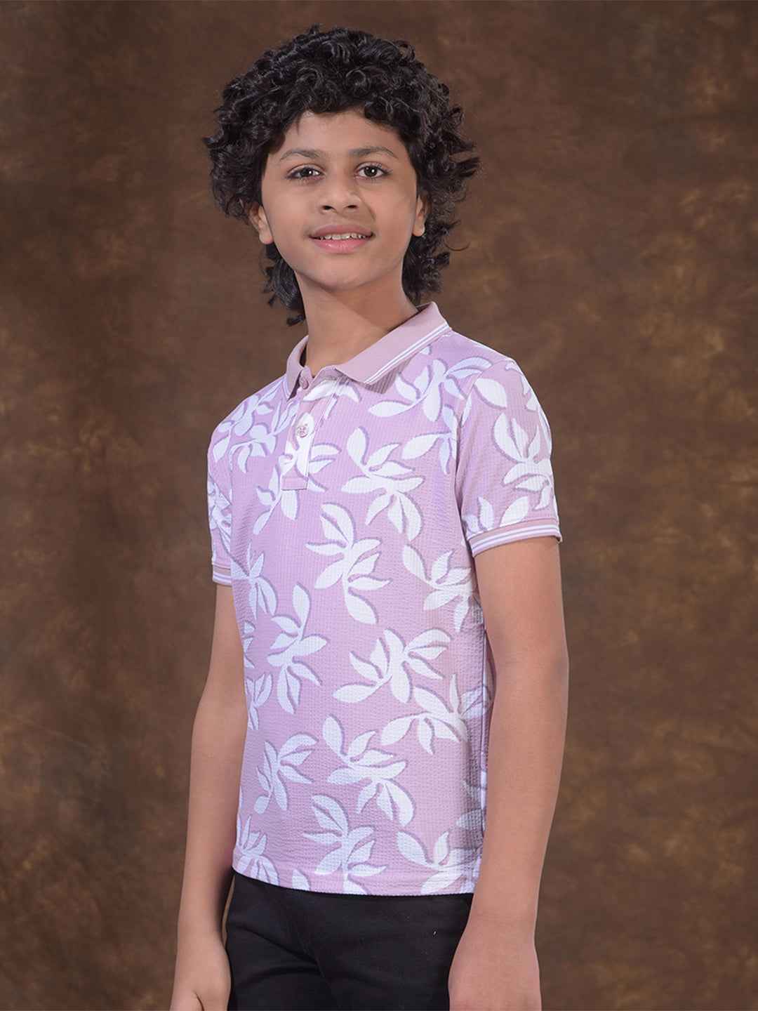 Purple Floral Print Polo Neck T-Shirt