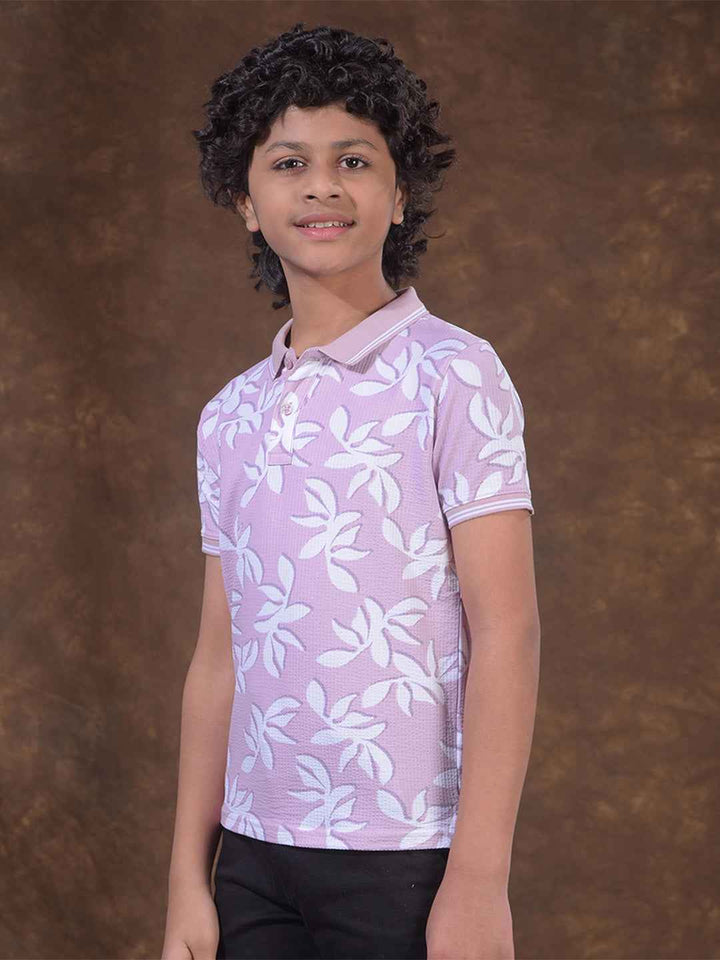 Purple Floral Print Polo Neck T-Shirt