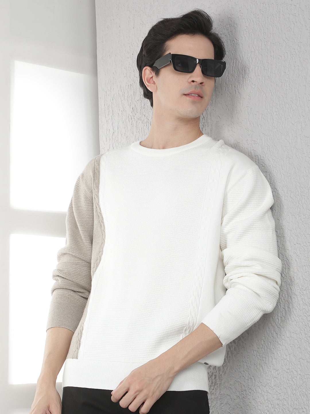 Beige Colorblocked Round Neck Sweater