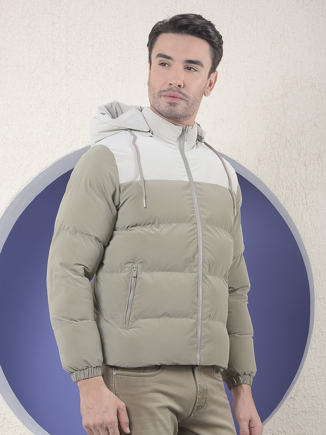  Colorblocked Puffer Hooded Khaki Jacket