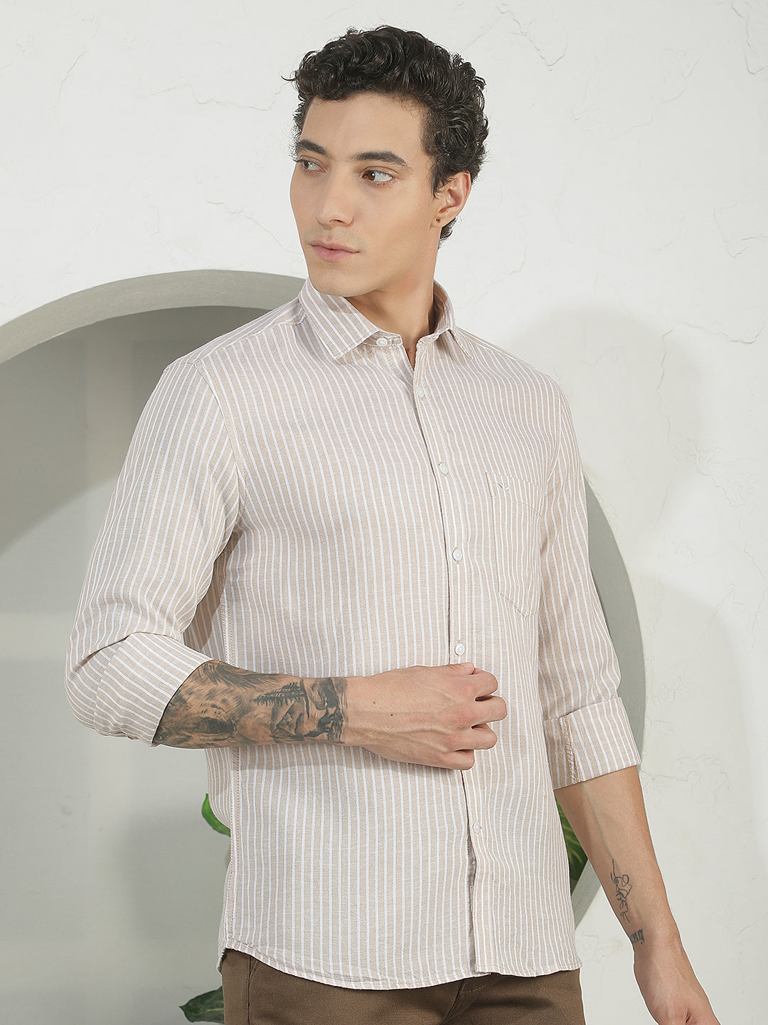 Tan Vertical Stripes Linen Shirt