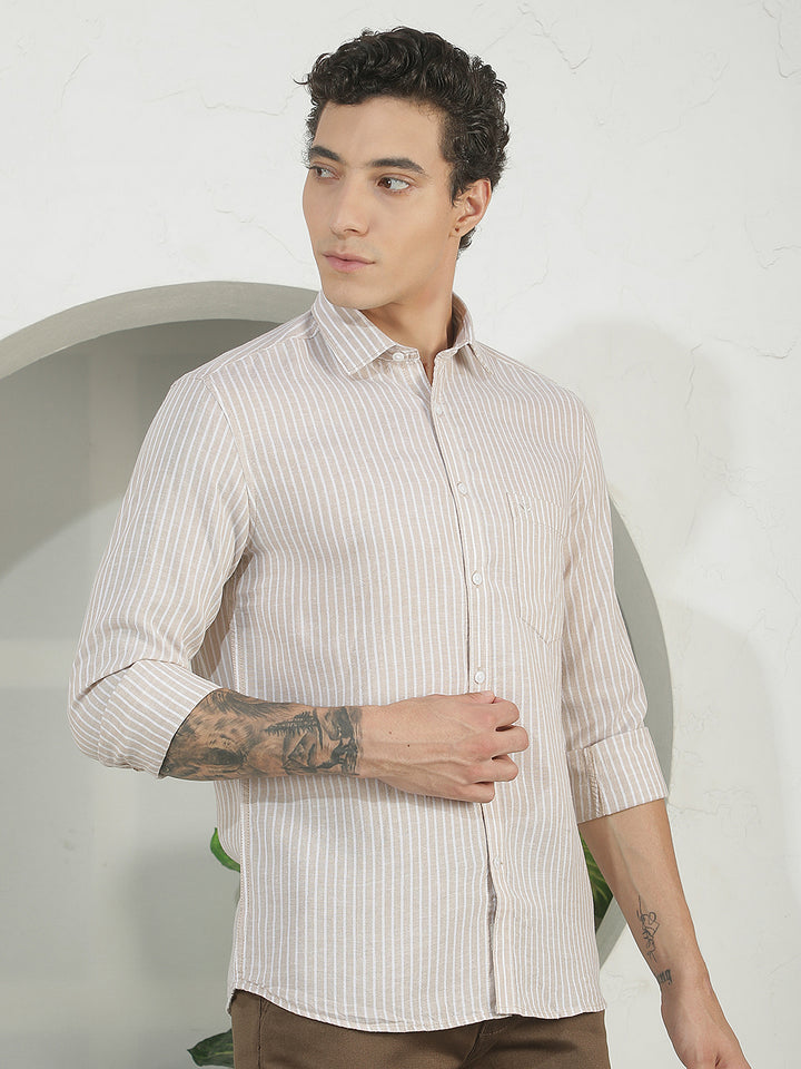 Tan Vertical Stripes Linen Shirt