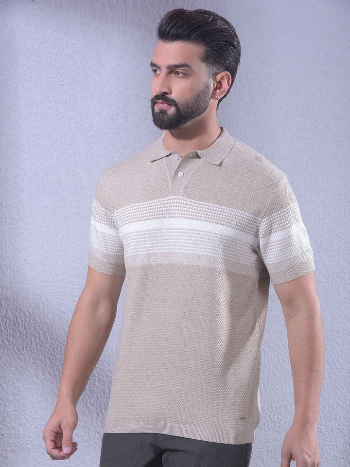 Beige Horizontal Stripes Knitted T-Shirt