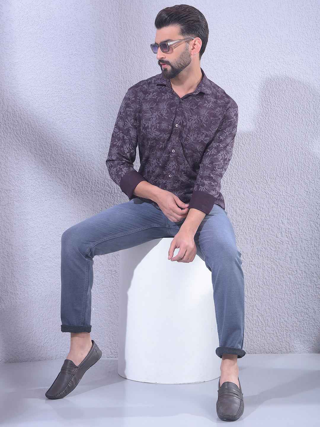 Wine Floral Print Shirt