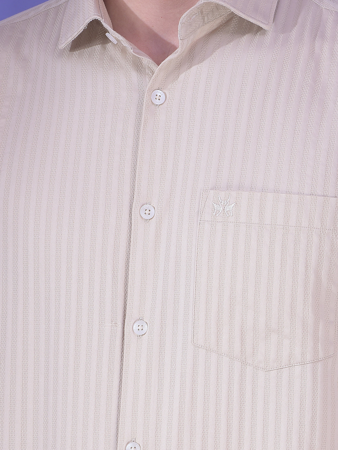 Beige Vertical Stripes 100% Cotton Shirt