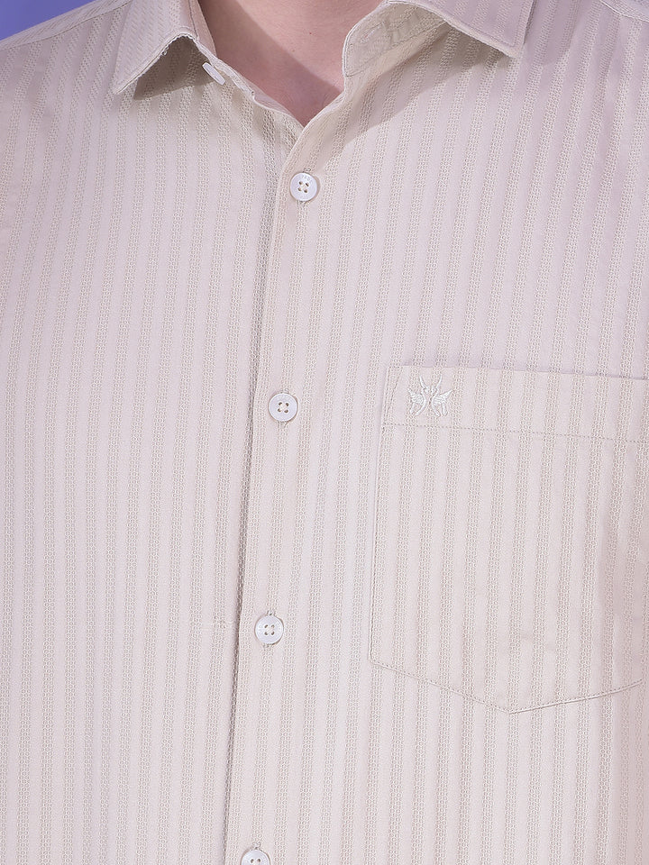 Beige Vertical Stripes 100% Cotton Shirt