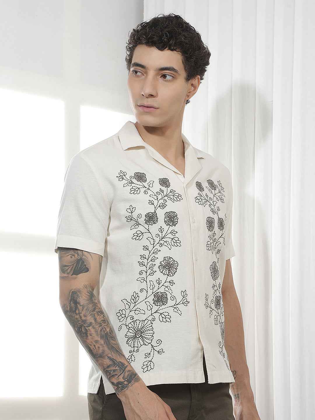 Beige Floral Cuban Collar Linen Shirt